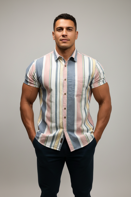 Camisa de botones Old Navy 🇺🇸 Oxford de rayas color rosado, gris y blanco Talla XL Entalle Regular