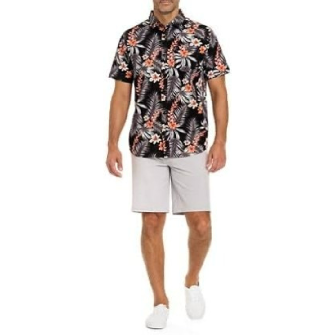 Camisa de botones Hurley 🏄🏽‍♂️ color negro con diseño de flores Talla L Entalle Regular