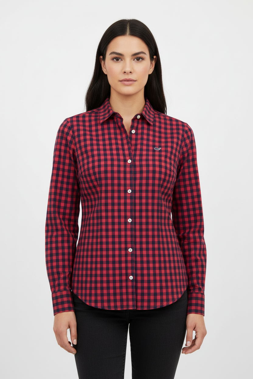 Camisa de mujer Vineyard Vines 🐳 de cuadros en rojo y azul navy Talla S (4) Entalle Clásico