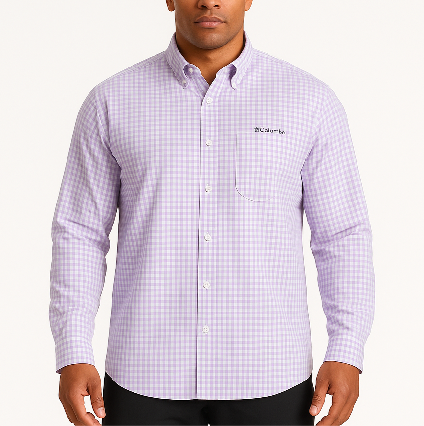 Camisa Columbia 🔹 Super Tamiami Color blanco con patrón de cuadros en lila Talla XXL