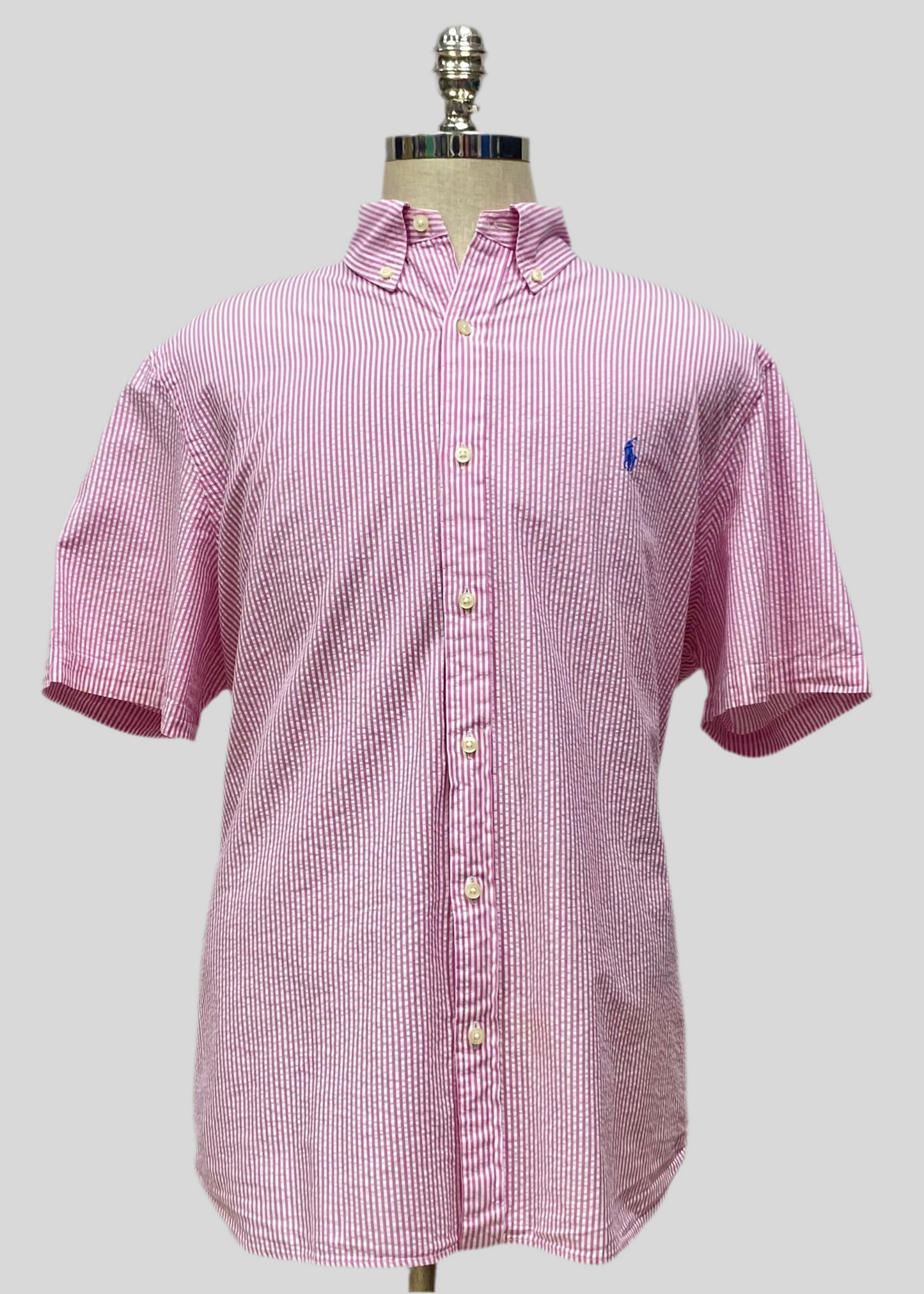 Camisa Polo Ralph Lauren 🏇🏼  Color blanco con patrón de rayas en rosado Seersucker Talla XXL Entalle Clásico