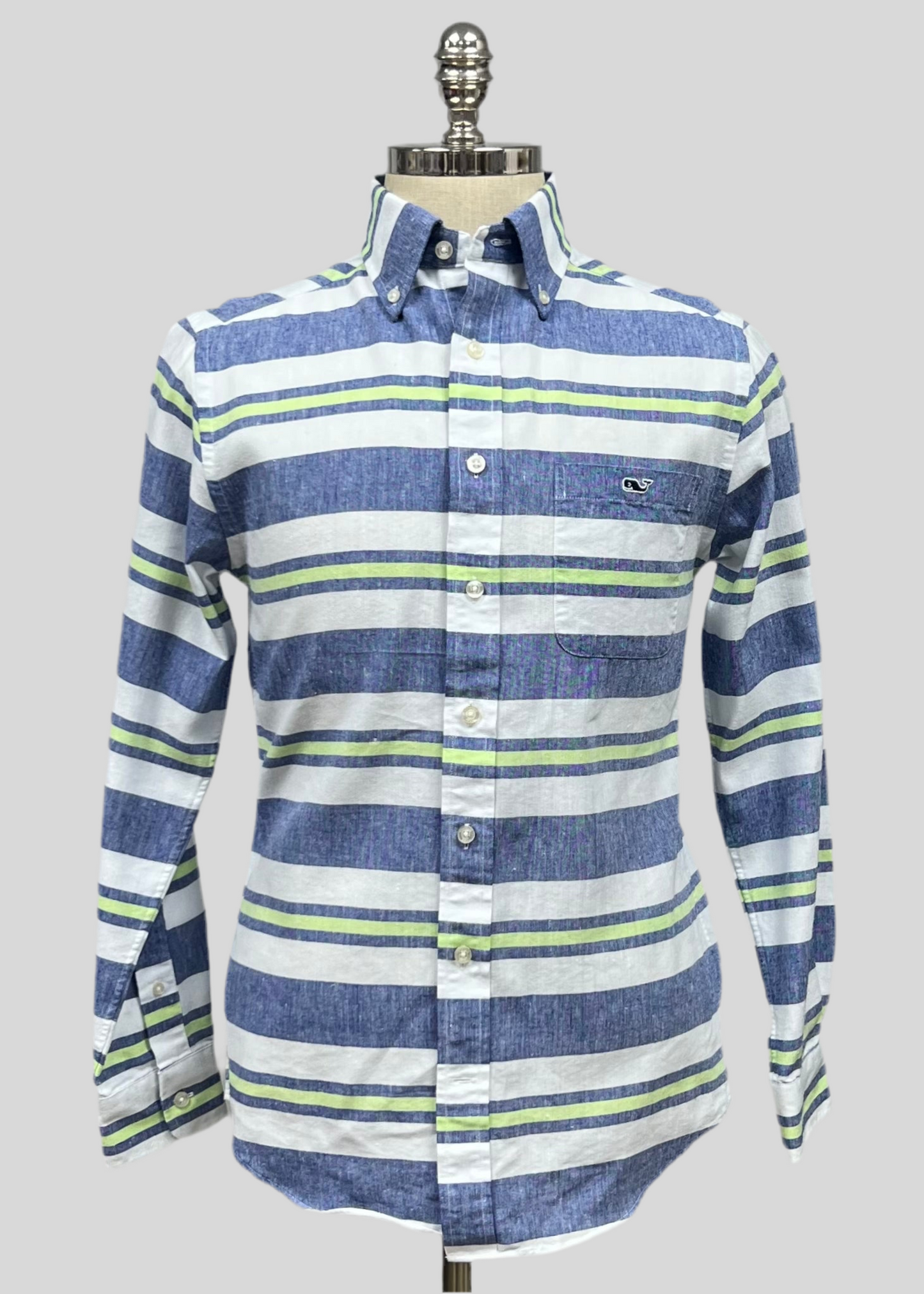 Camisa de botones Vineyard Vines 🐳 De Lino color Blanco con patrón de rayas en azul y verde Talla S Entalle Slim Fit