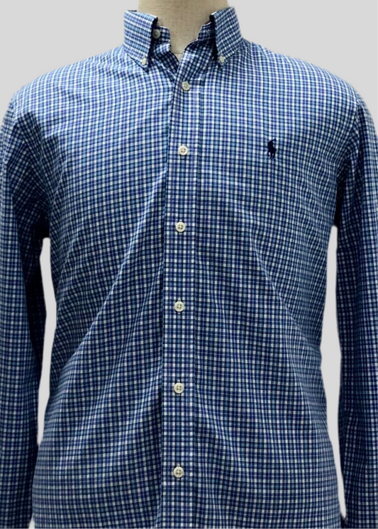 Camisa Polo Ralph Lauren 🏇🏼 color blanco con patron de cuadros azul Talla M Entalle Regular