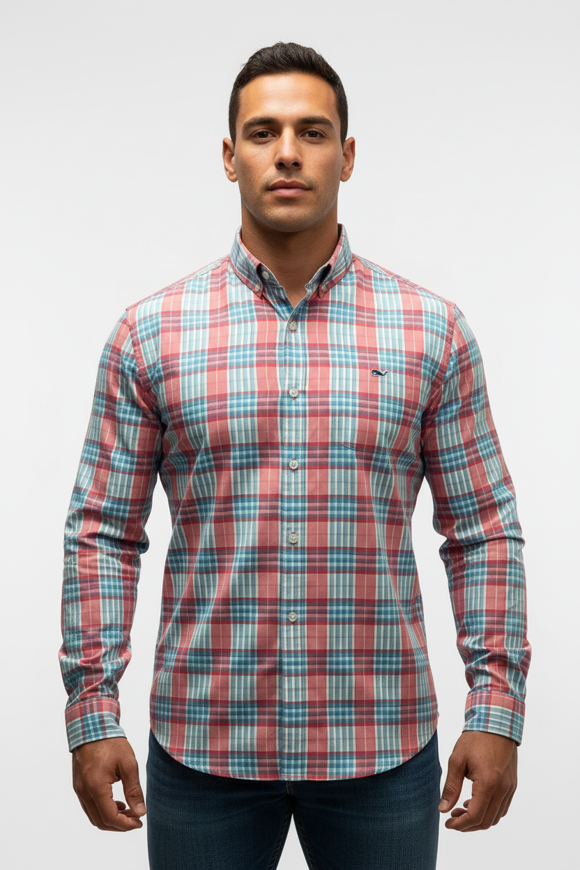 Camisa de botones Vineyard Vines 🐳 de cuadros en color rosado, celeste y blanco Talla L Entalle Slim Fit