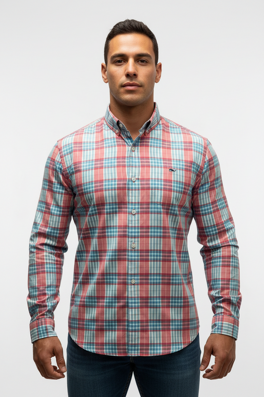 Camisa de botones Vineyard Vines 🐳 de cuadros en color rosado, celeste y blanco Talla L Entalle Slim Fit