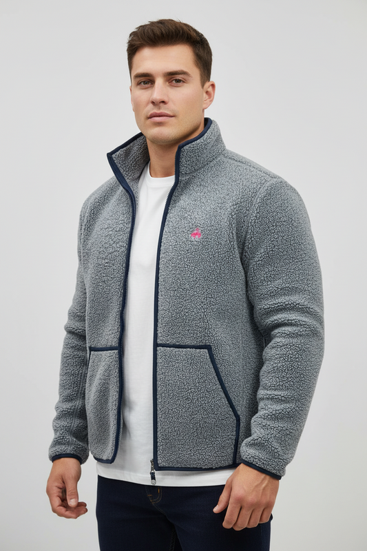 Jacket Brooks Brothers 🐑 Teddy Fleece color gris con zíper completo y bolsillo Talla S