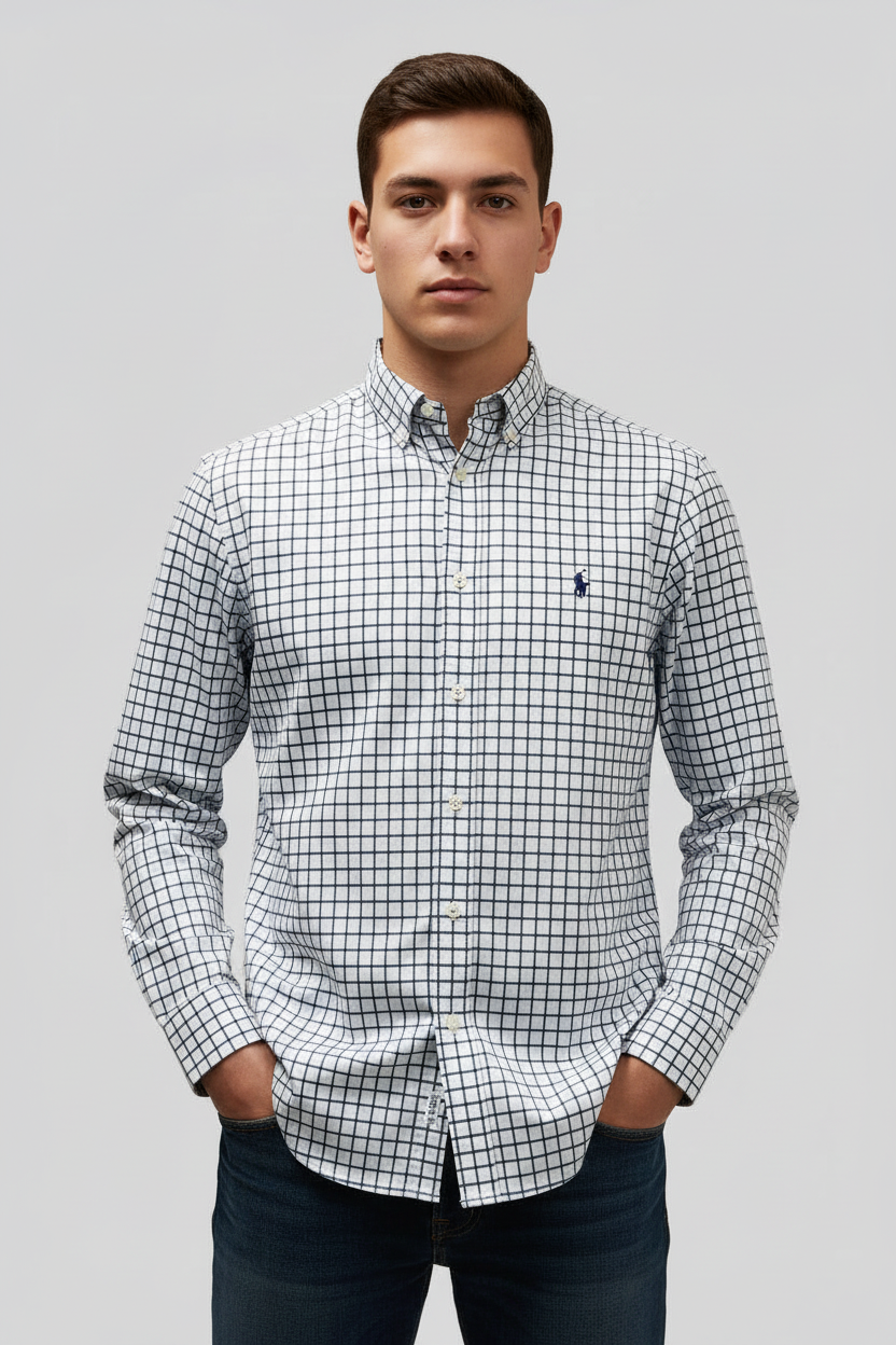 Camisa Polo Ralph Lauren 🏇🏼 color blanco de cuadros en turquesa y azul navy Talla XL (18) de niño Entalle Regular
