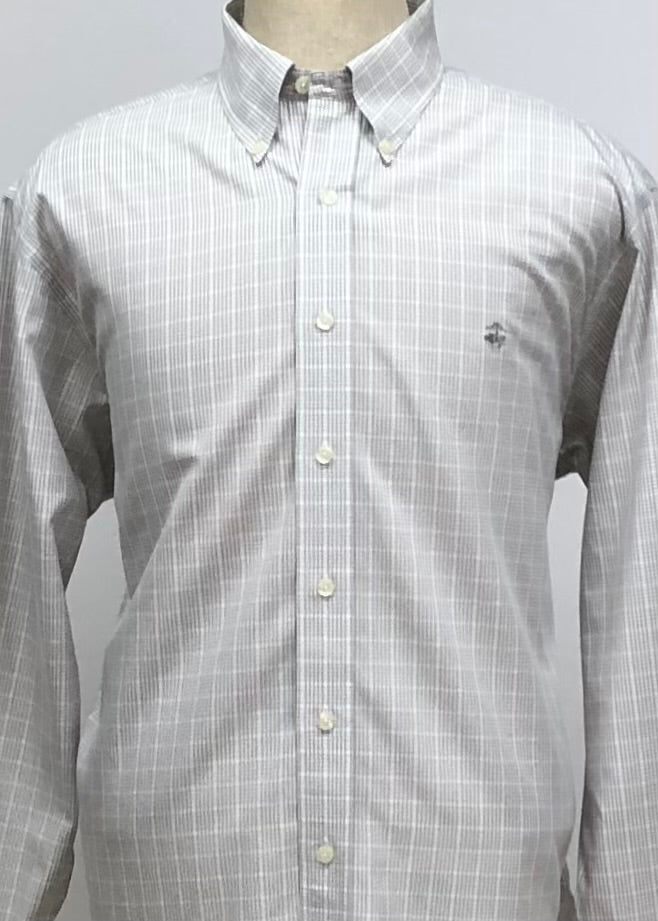 Camisa Brooks Brothers 🐑 con patrón  de cuadros gris claro y blanco Talla XL Entalle Regular