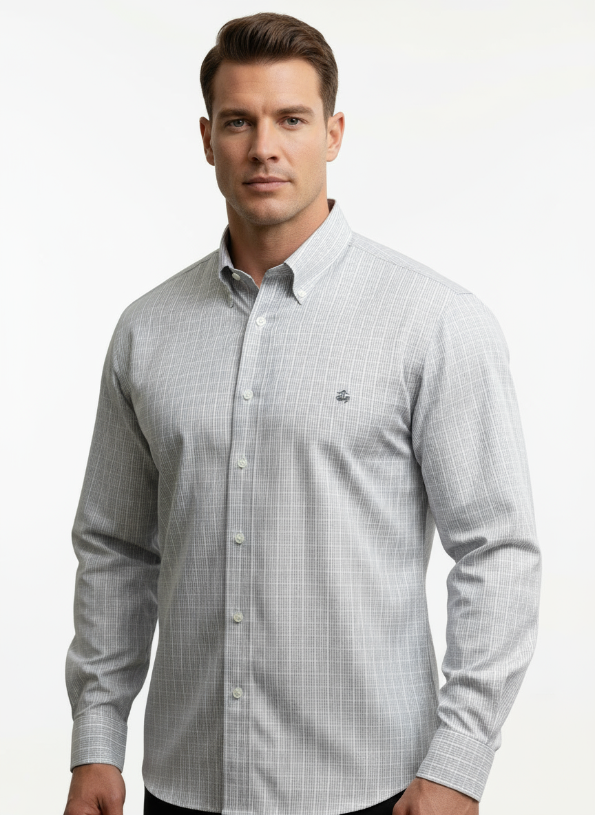 Camisa Brooks Brothers 🐑 con patrón  de cuadros gris claro y blanco Talla XL Entalle Regular