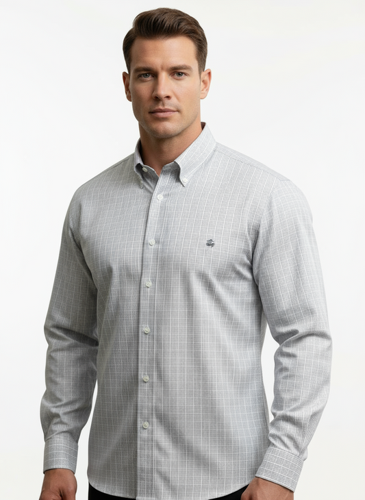 Camisa Brooks Brothers 🐑 con patrón  de cuadros gris claro y blanco Talla XL Entalle Regular