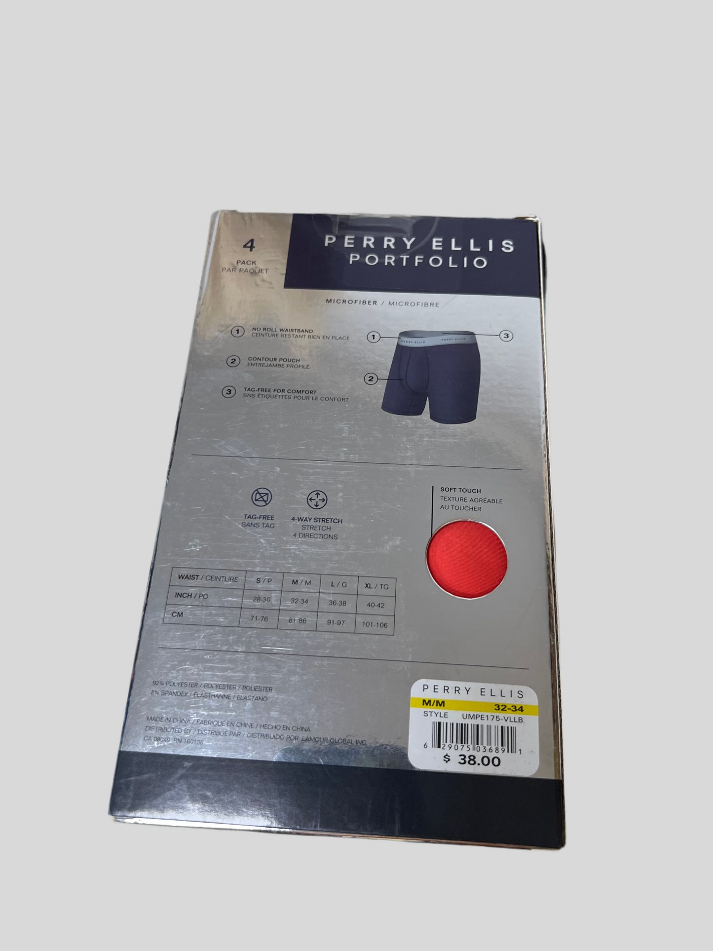 Paquete de 4 Boxer Perry Ellis Tela de microfibra con patrón en color negro, gris, rojo y celeste Talla M