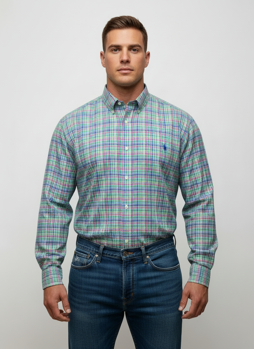 Camisa Polo Ralph Lauren 🏇🏼 con patrón de cuadros multicolor Talla XXL Entalle Regular