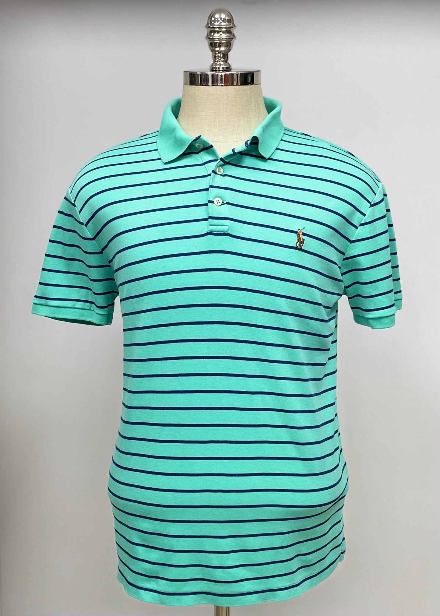 Camiseta Polo Ralph Lauren 🏇🏼color turquesa con patrón de rayas en azul navy Talla L Entalle Custom Slim Fit