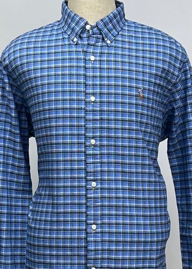 Camisa Polo Ralph Lauren 🏇🏼 Oxford color celeste con patron de cuadros azul y blanco Talla XL Entalle Clásico