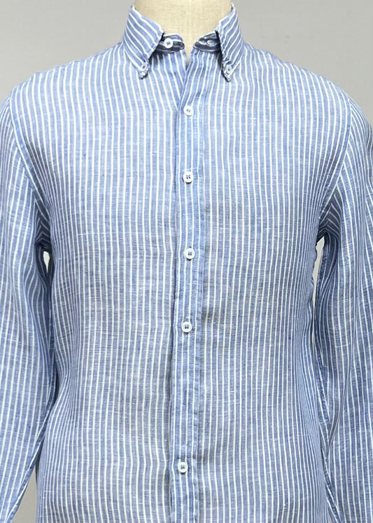 Camisa de botones MNG de Lino con patron de rayas en color celeste y blanco Talla S Entalle Slim Fit