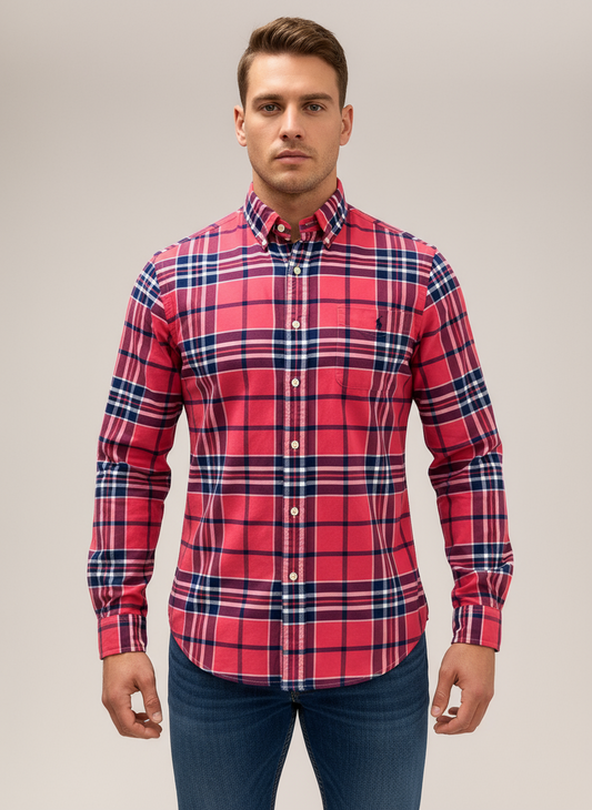 Camisa Polo Ralph Lauren 🏇🏼 Color rojo con patron de cuadros tartán azul y blanco Talla M Entalle Slim Fit