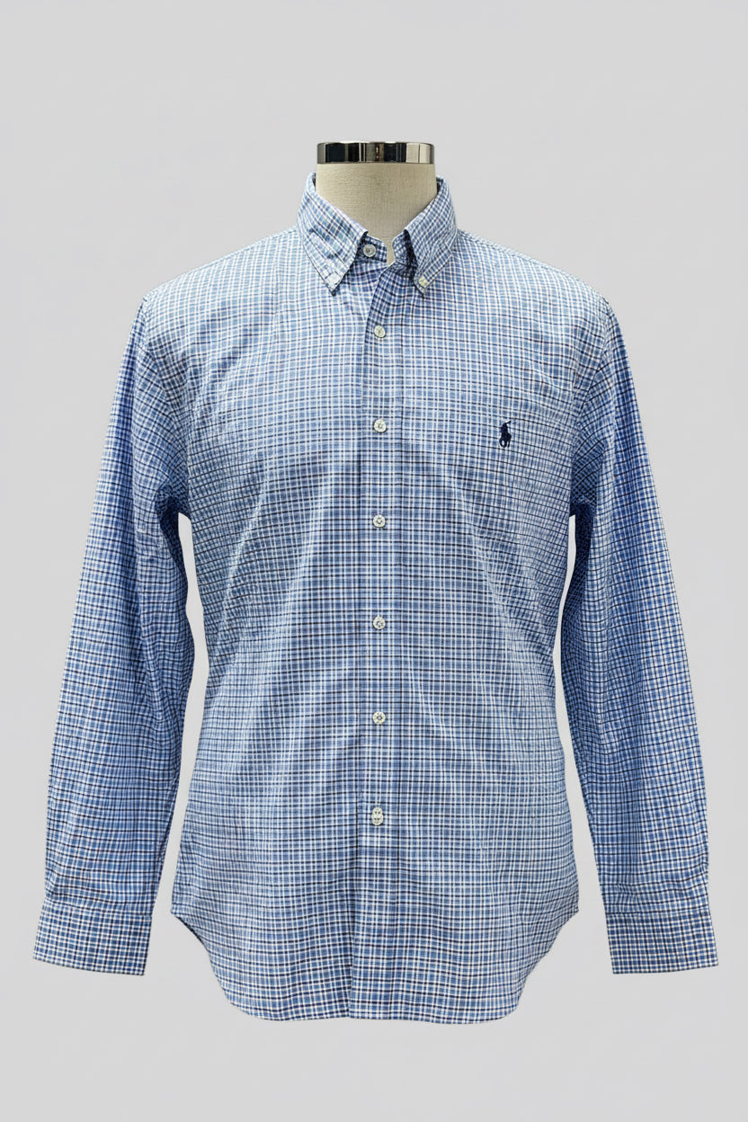Camisa Polo Ralph Lauren 🏇🏼 color blanco con patron de cuadros en celeste y azul navy Talla XL Entalle Regular