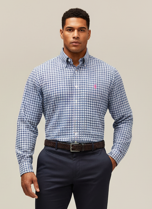 Camisa Polo Ralph Lauren 🏇🏼 color blanco con patron de cuadros rosado, verde y azul Talla L Entalle Regular