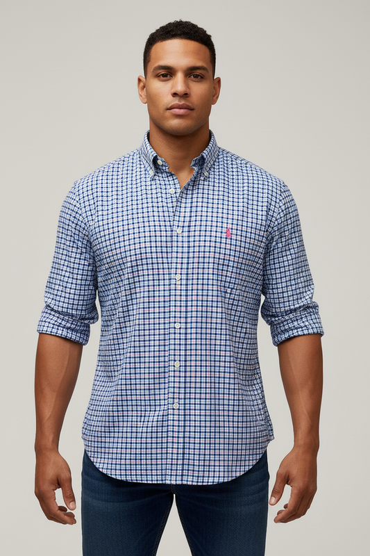 Camisa Polo Ralph Lauren 🏇🏼 color blanco de cuadros rosado, verde y azul Talla L Entalle Regular