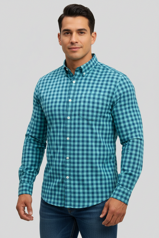 Camisa J.Crew 🇺🇸 con patrón de cuadros en color celeste y azul Talla L Entalle Slim Fit