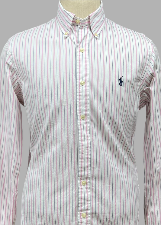 Camisa Polo Ralph Lauren 🏇🏼 color blanco con patrón de rayas en rosado y negro Talla L Entalle Regular