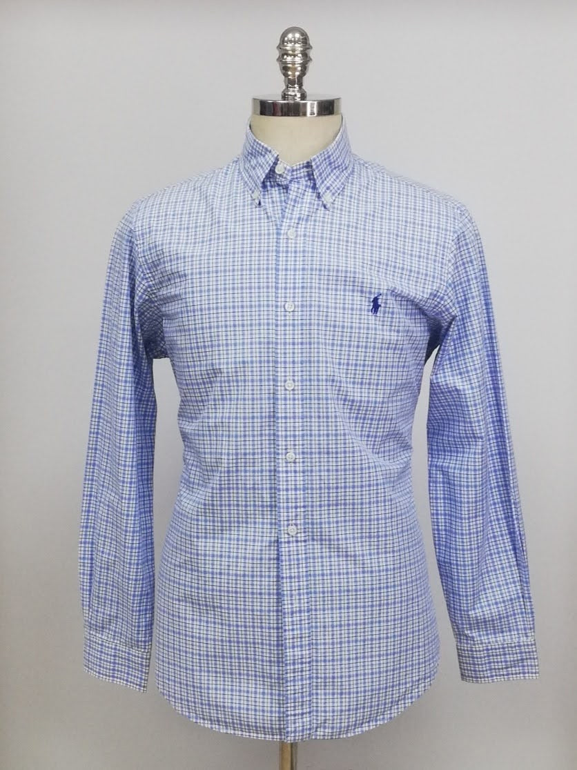 Camisa Polo Ralph Lauren 🏇🏼 color blanco con patron de cuadros en celeste y azul navy Talla M Entalle Regular