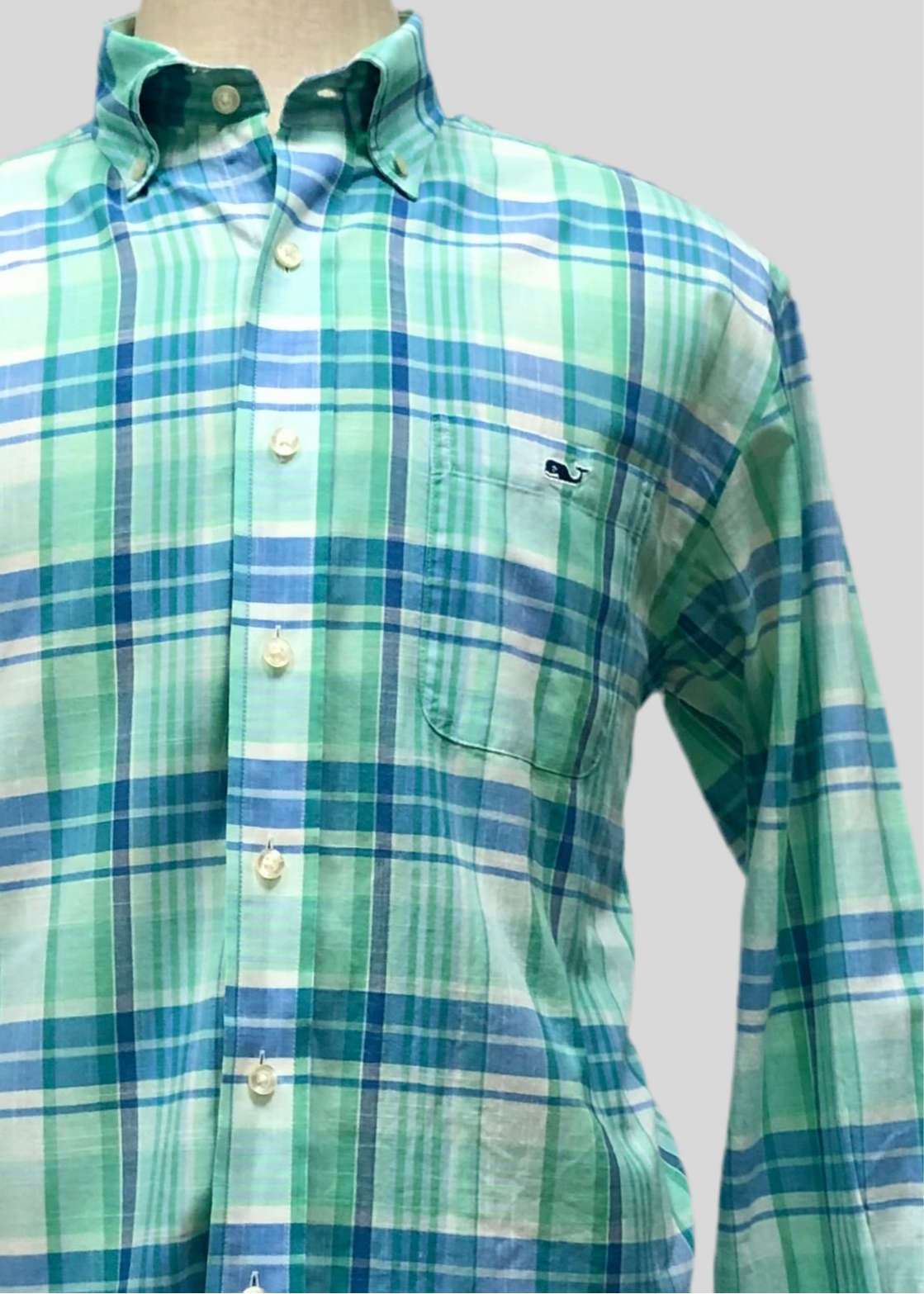 Camisa Vineyard Vines 🐳 de cuadros tartán en color verde, celeste y blanco Talla M Entalle Regular