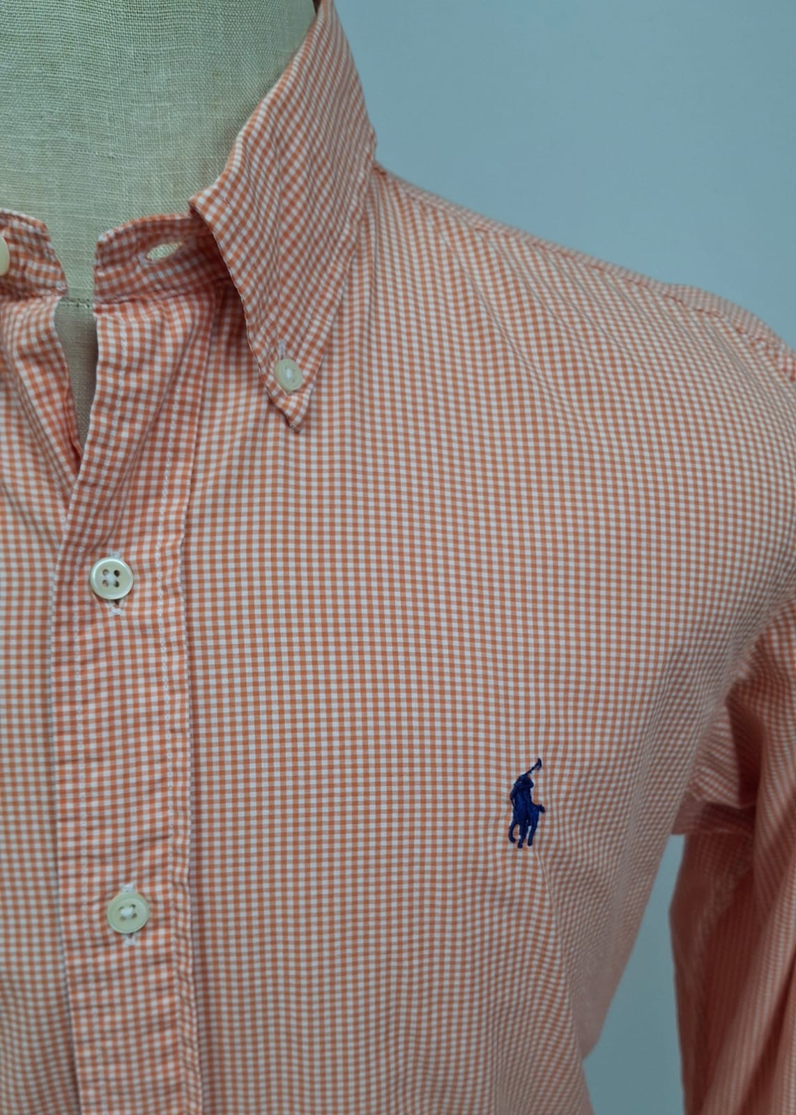 Camisa Polo Ralph Lauren 🏇🏼 con patron de cuadros gingham naranja y blanco Talla L Entalle Custom Fit