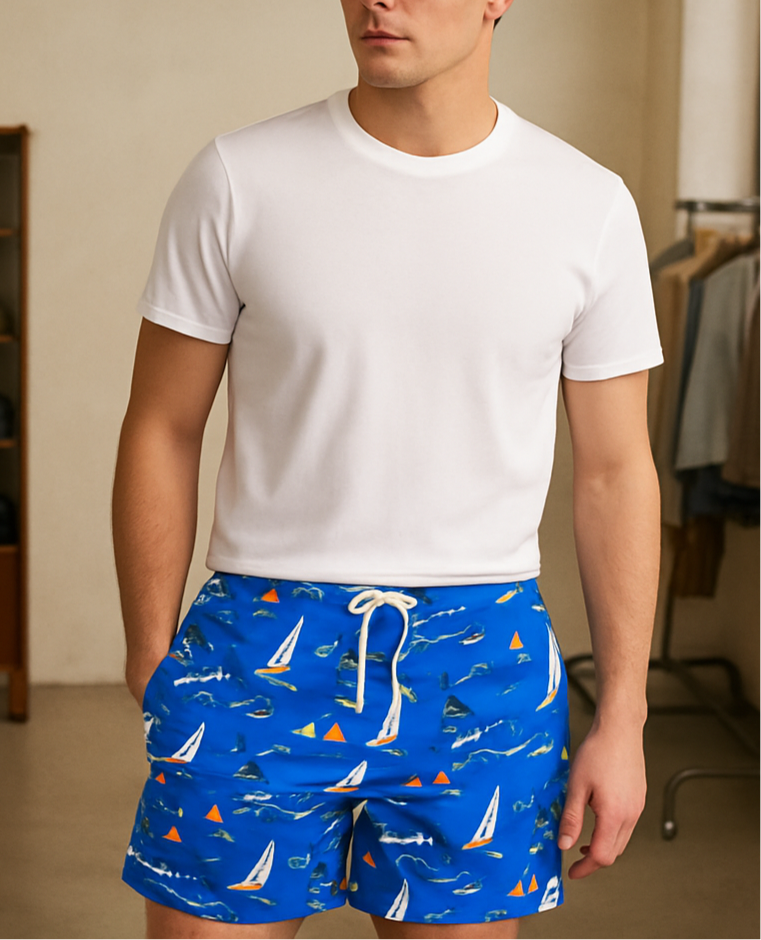 Short de baño Polo Ralph Lauren 🏇🏼color azul con diseño de veleros en blanco talla L