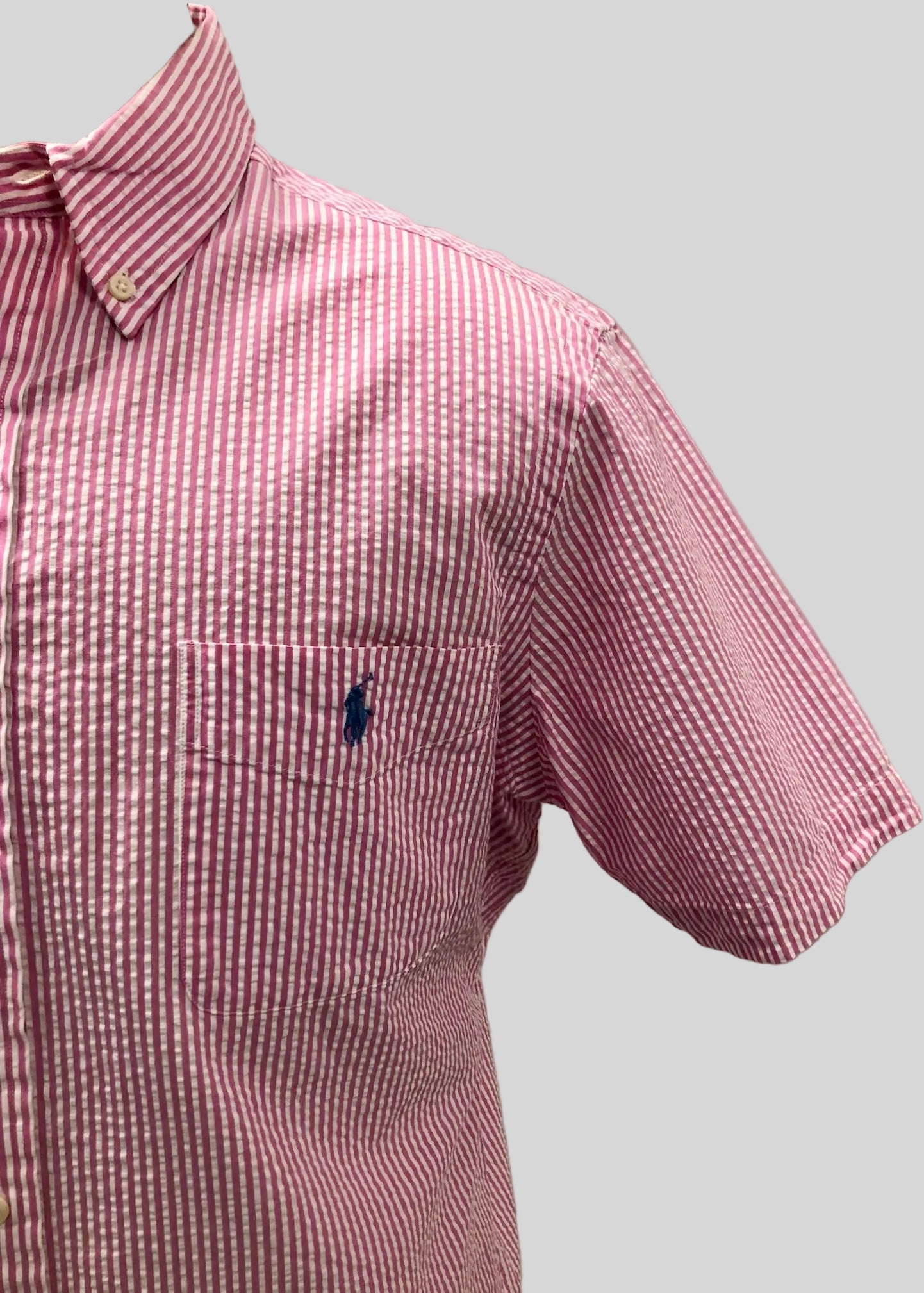 Camisa de botones Polo Ralph Lauren 🏇🏼 Seersucker de rayas en rosado y blanco Talla L Entalle Clásico