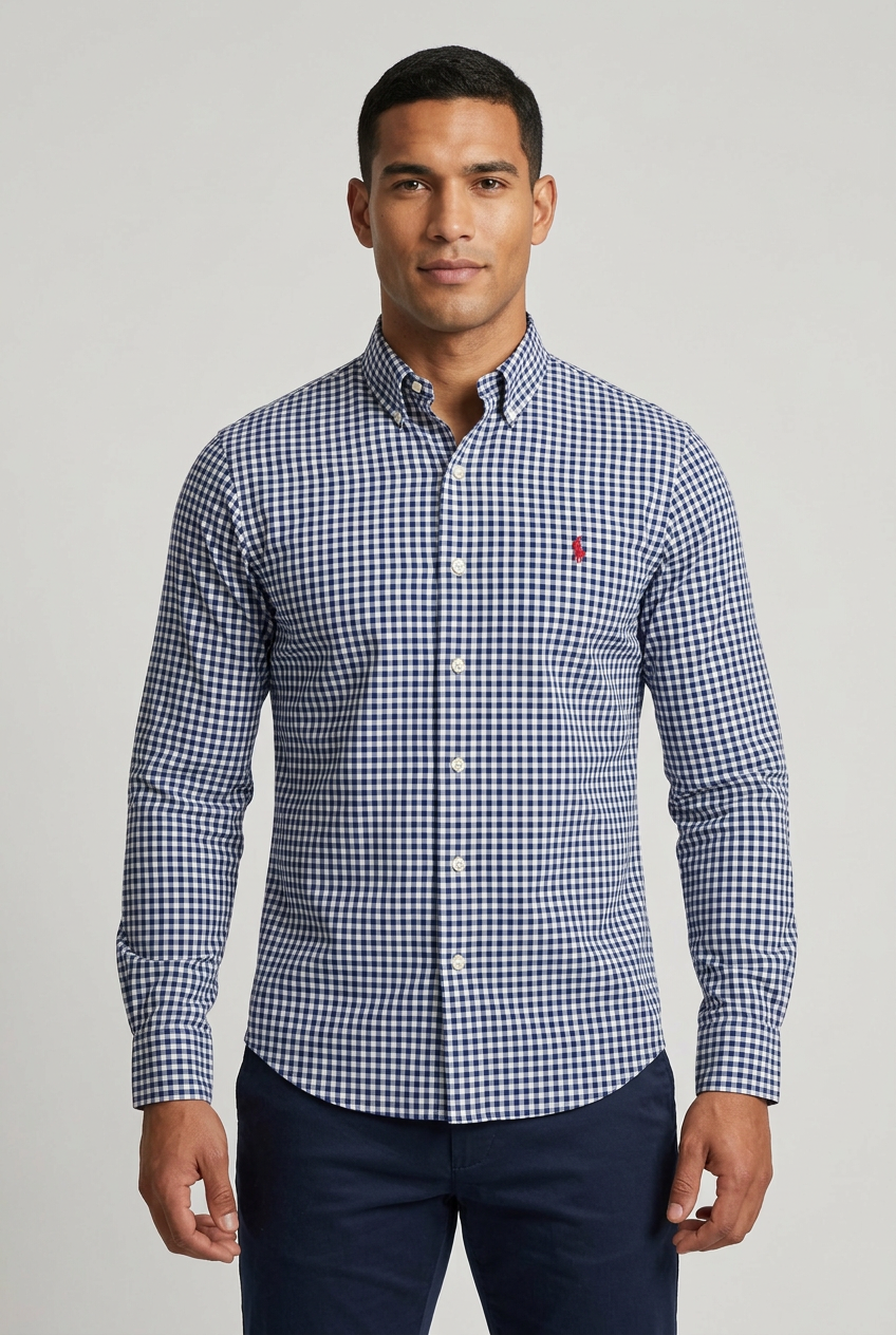 Camisa Polo Ralph Lauren 🏇🏼 de cuadros gingham azul navy y blanco Talla M Entalle Slim Fit