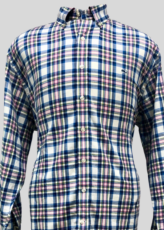 Camisa de botones Vineyard Vines 🐳 con patrón de cuadros en color azul, blanco y rosado Talla L Entalle Slim Fit