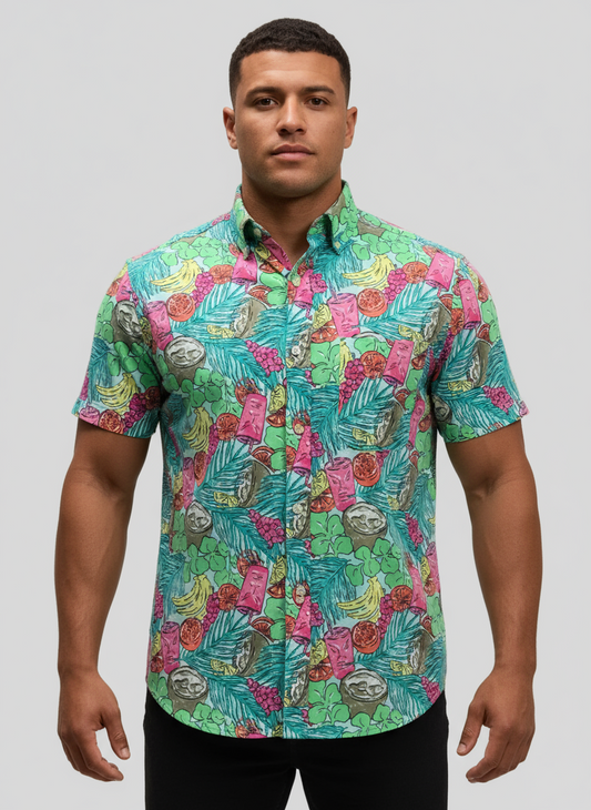 Camisa de botones Vineyard Vines 🐳 color celeste con diseño de frutas en color verde, amarillo y rosado Talla M Entalle Clásico