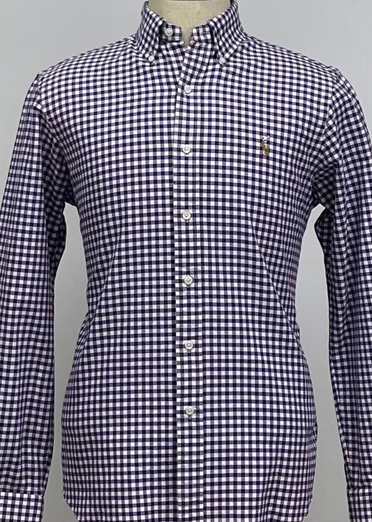 Camisa Polo Ralph Lauren 🏇🏼 Oxford color blanco con cuadros morado Talla M Entalle Regular