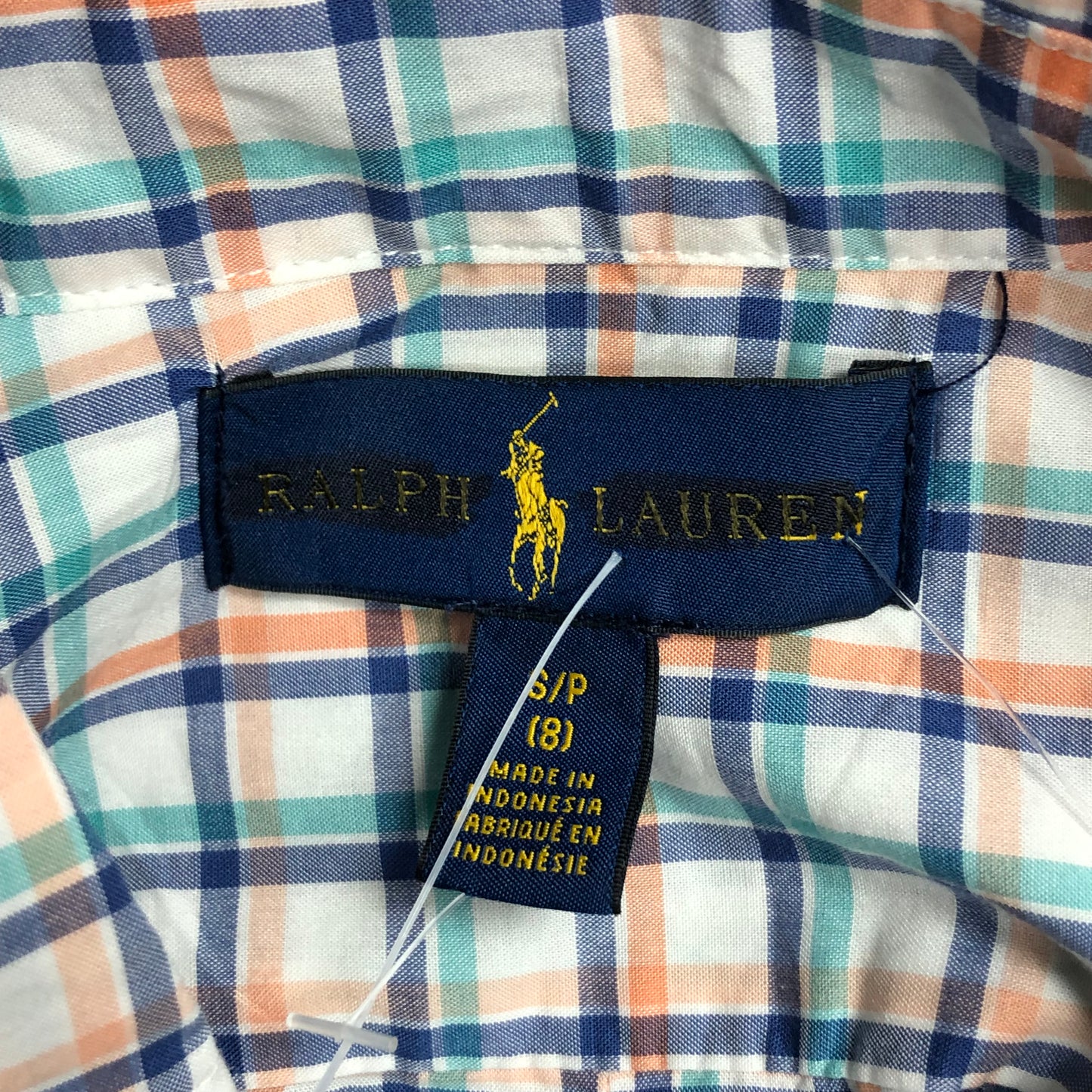 Camisa Polo Ralph Lauren 🏇🏼 color blanco con patron de cuadros en azul, naranja y verde Talla S (8) de niño Entalle Regular