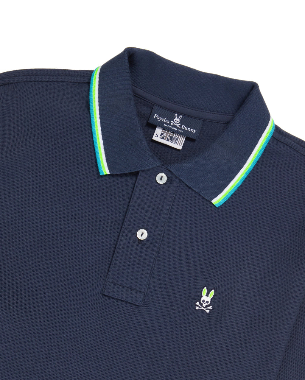 Camiseta Polo Psycho Bunny 🐰 Pique en color azul navy con diseño de cuello en blanco y verde Talla M Entalle Regular