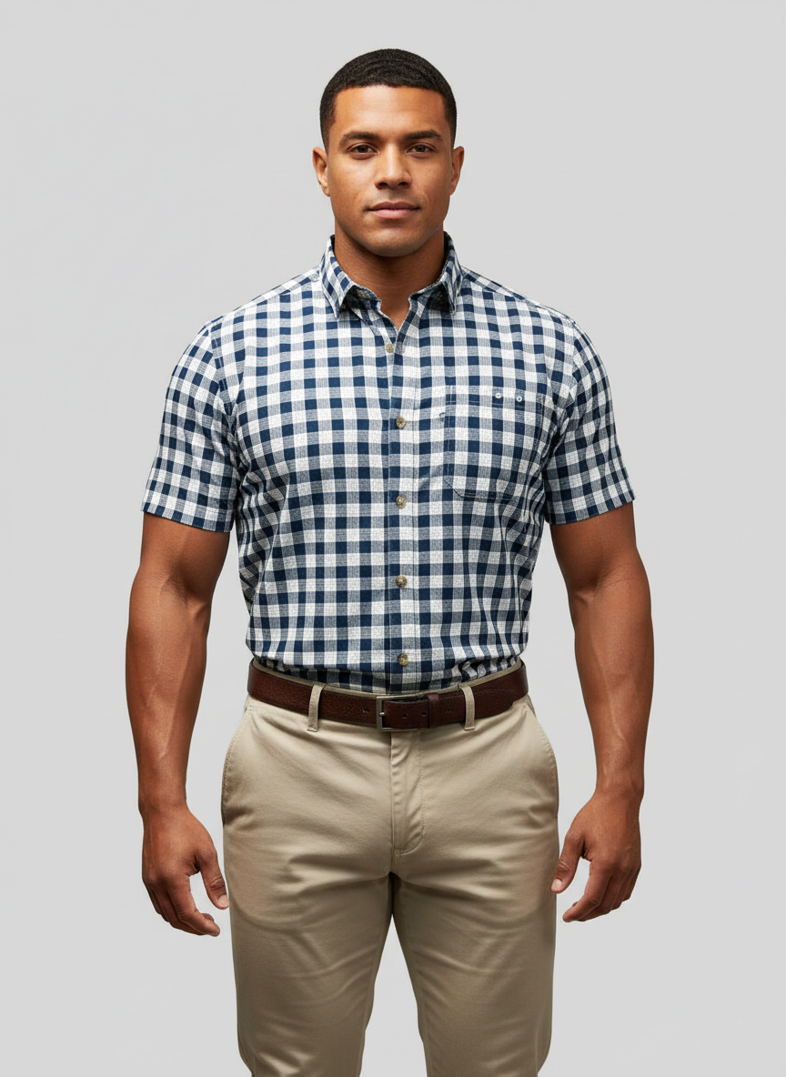 Camisa Columbia 🔹 con patrón de cuadros en azul navy y blanco Manga corta Talla L