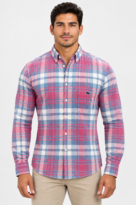 Camisa Vineyard Vines 🐳 de cuadros tartán en color rosado, gris y blanco Talla L Entalle Slim Fit
