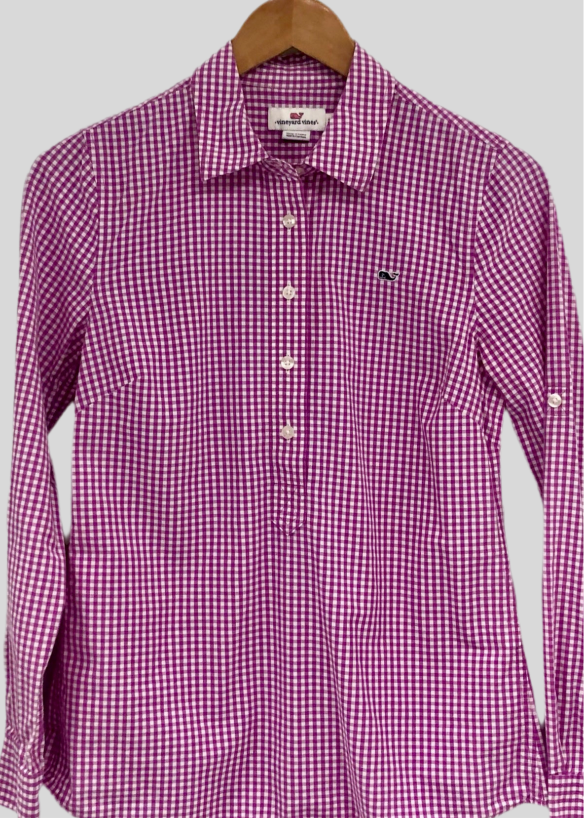 Camisa de mujer Vineyard Vines 🐳 con patrón de cuadros en violeta y blanco Talla XS (2) Entalle Regular