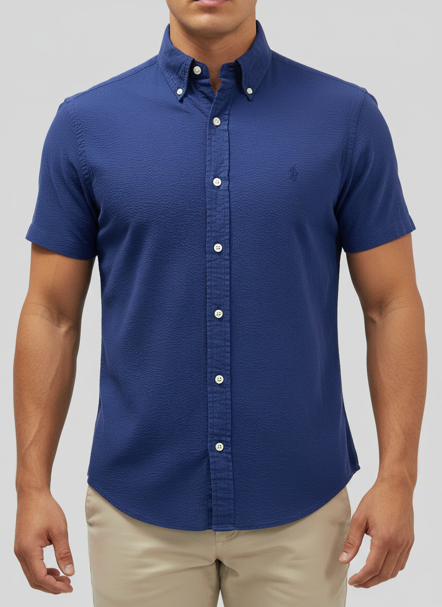 Camisa Polo Ralph Lauren 🏇🏼 Seersucker Color azul navy Talla L Entalle Slim Fit