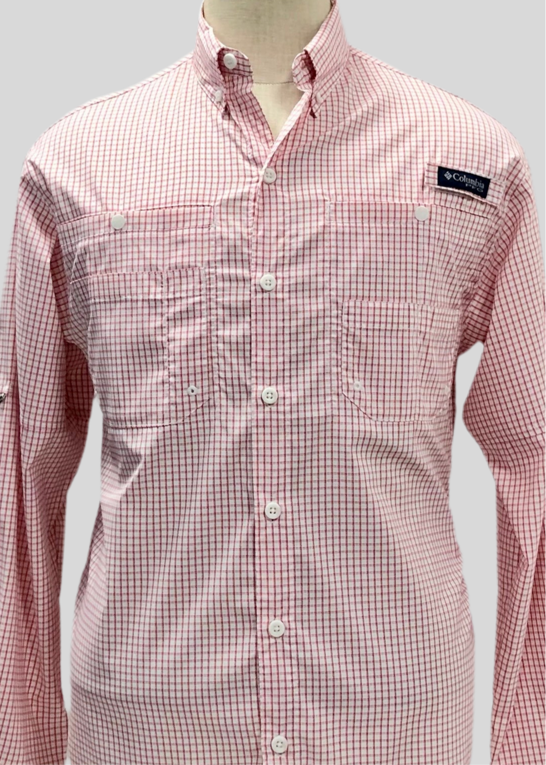 Camisa Columbia 🔹 Super Tamiami Color blanco con patrón de cuadros en rojo Talla S