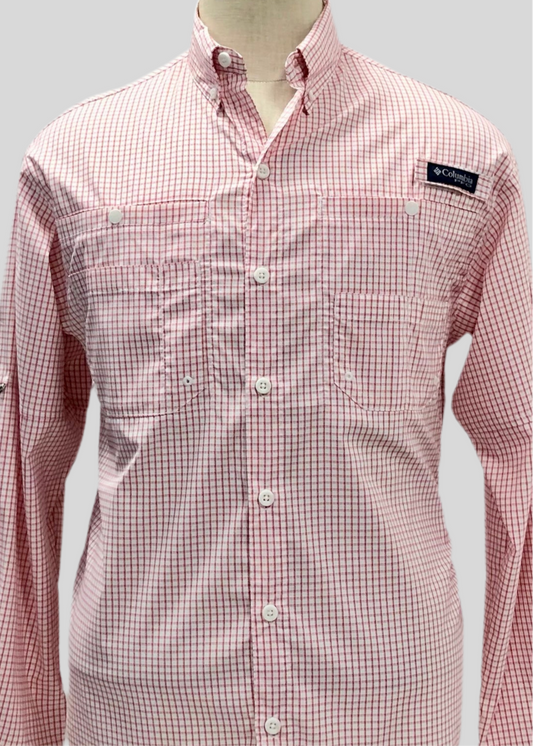 Camisa Columbia 🔹 Super Tamiami Color blanco con patrón de cuadros en rojo Talla S