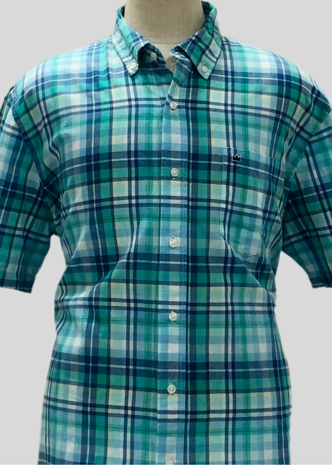 Camisa Crown & Ivy 👑 con patrón de cuadros tartán en color turquesa, azul y blanco Talla XXL Entalle Clásico