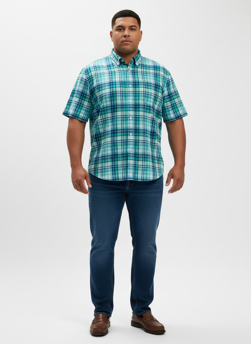 Camisa Crown & Ivy 👑 con patrón de cuadros tartán en color turquesa, azul y blanco Talla XXL Entalle Clásico