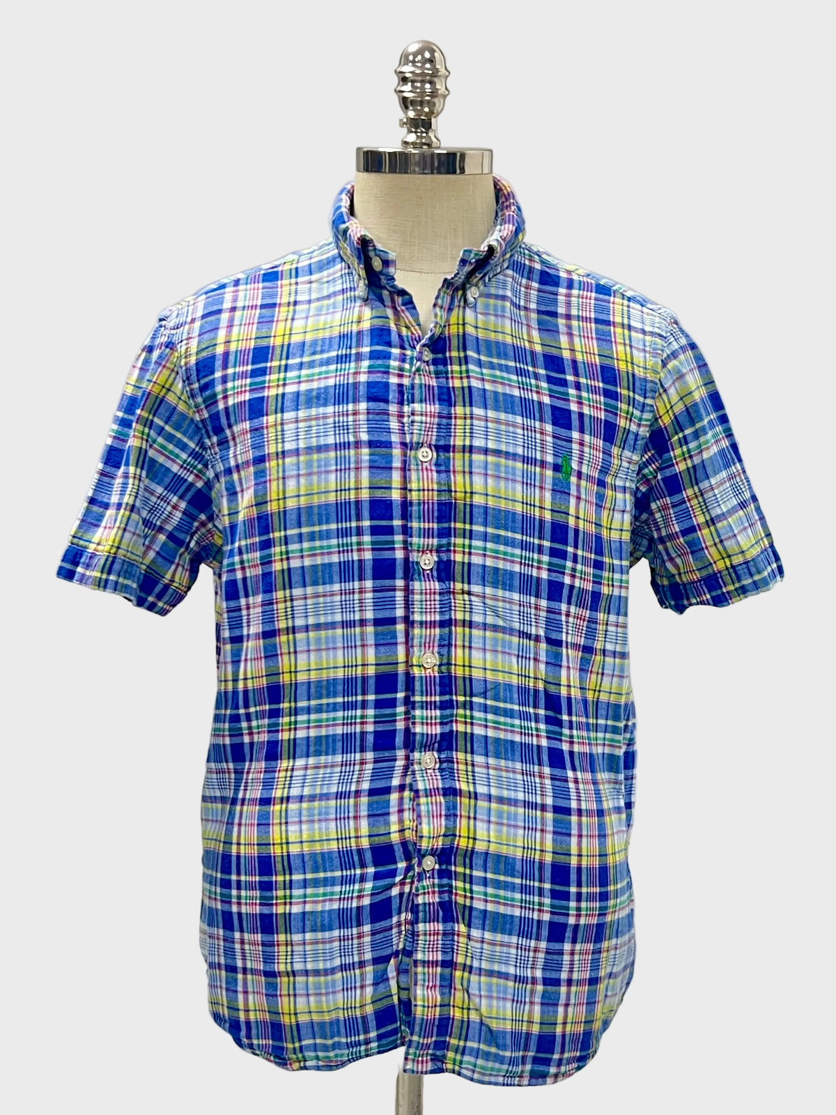 Camisa Polo Ralph Lauren 🏇🏼 Algodón doble capa de cuadros en color azul, amarillo y blanco Talla L Entalle Regular
