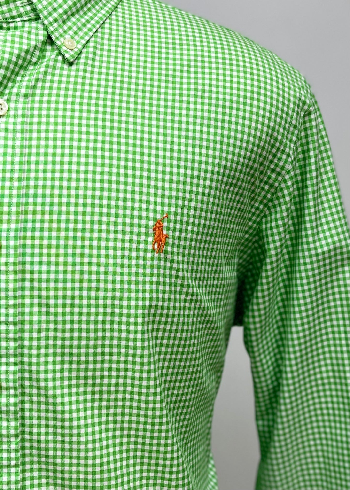 Camisa Polo Ralph Lauren 🏇🏼 con patron de cuadros gingham verde y blanco Talla L Entalle Regular