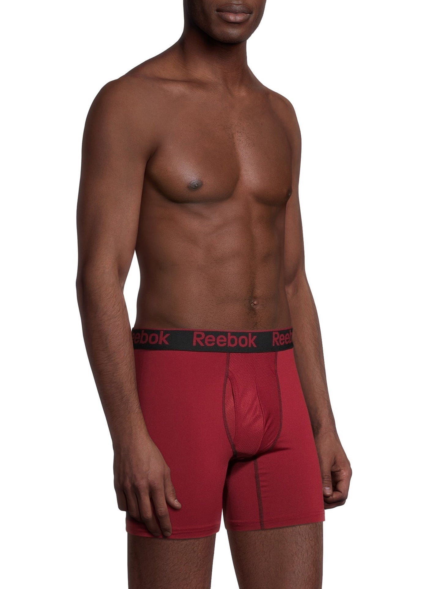 Combo de 3 Boxers Briefs Reebok Tela Performance en color negro, gris y rojo oscuro Largo Regular Talla M y L