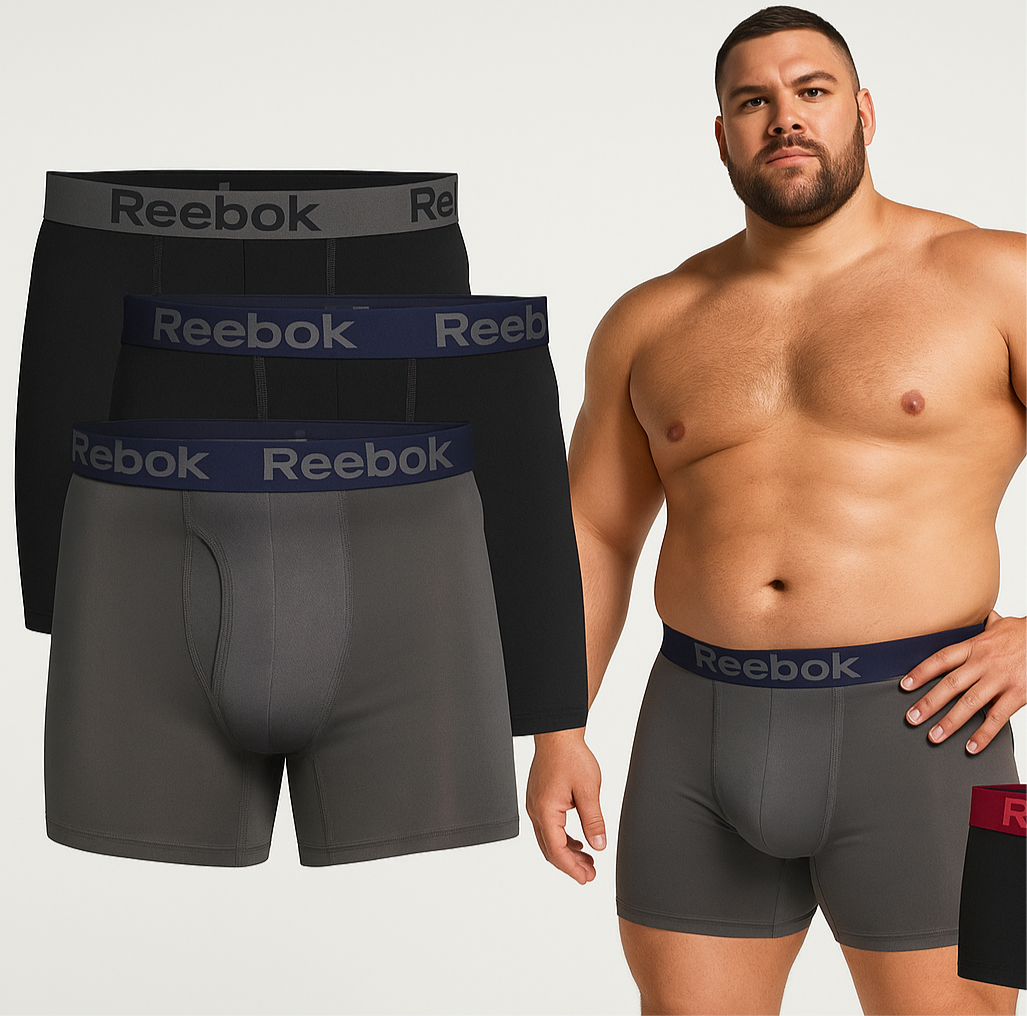 Combo de 3 Boxers Briefs Reebok Tela Performance en color negro y gris Largos Talla S y XL