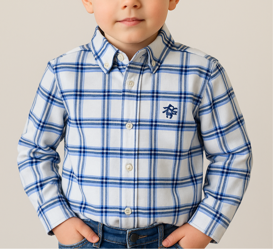 Camisa de niño Brooks Brothers 🐑 color blanco con patrón de cuadros celeste y azul oscuro Talla XS (4-6) Entalle Regular