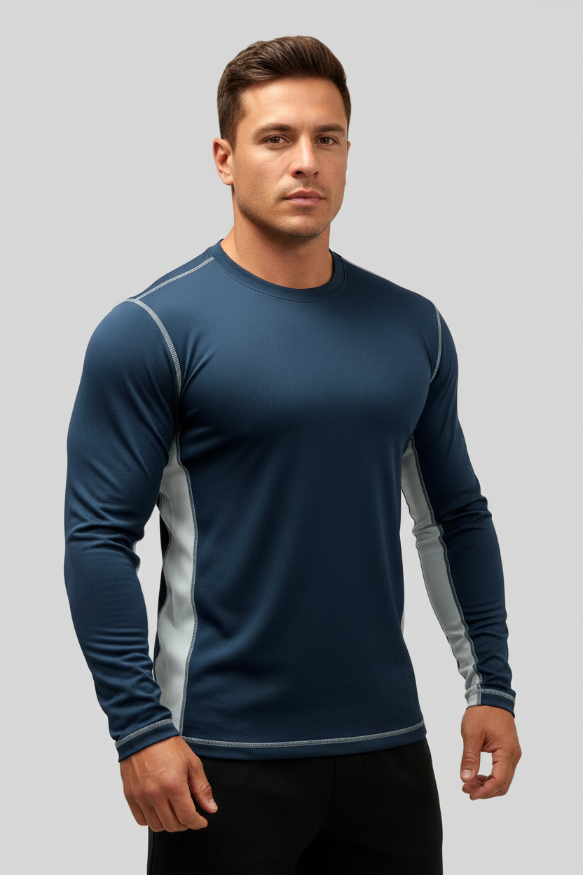 Camiseta de entrenamiento cuello redondo Alo 🧘 color azul navy y gris manga larga Talla M